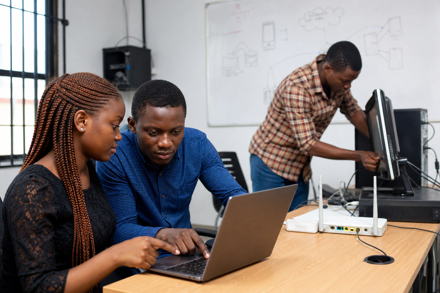 Nigerian team collaborating on laptops and IT equipment at a Darbot tech workspace