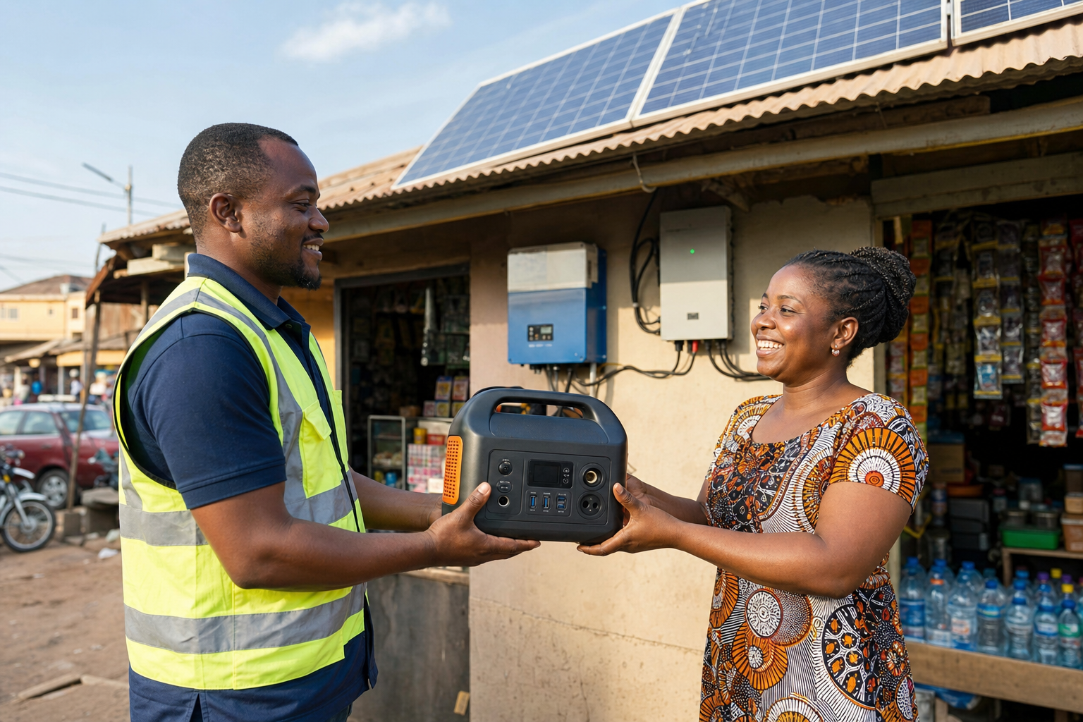 Nigerian Darbot technician delivering a solar generator to a shop owner in Ibadan